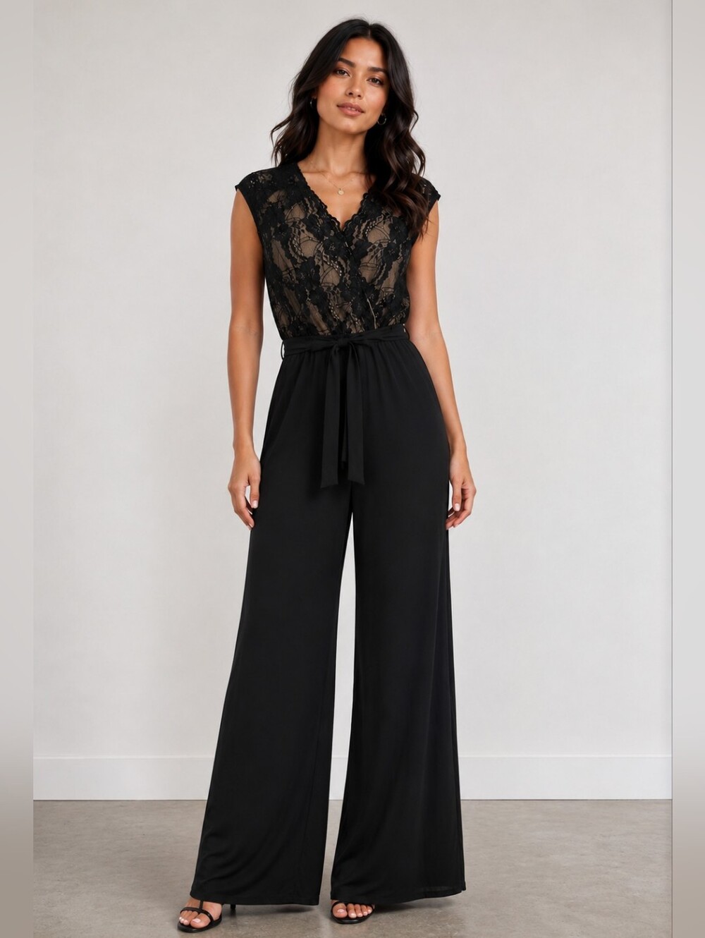 Worthington Size Med Black Lace Bodice Wide-Leg Jumpsuit Cockail Party‎ Wedding